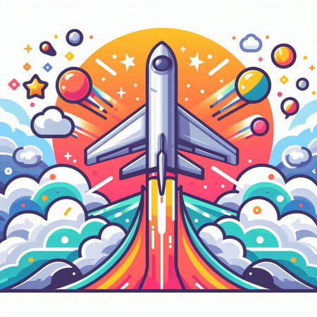 Vector illustration of space rocket on blue background. Flat style design.のイラスト素材