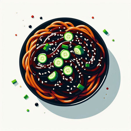 Soba noodles with cucumber and sesame seeds. Vector illustration.のイラスト素材