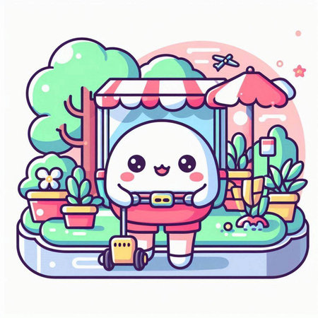 Cute kawaii dog in a park. Vector illustration.のイラスト素材