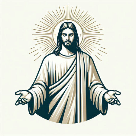 Jesus Christ with the sun in the background. Hand drawn vector illustration.のイラスト素材