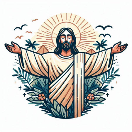 Jesus Christ with a cross in the forest. Hand drawn vector illustration.のイラスト素材
