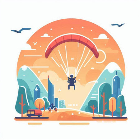 Parachutist flying in the sky. Paraglider flying in the sky. Flat vector illustration.のイラスト素材