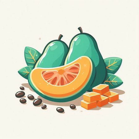 Mango fruit with leaves and cubes of orange, vector illustration.のイラスト素材