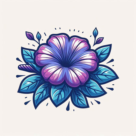 Illustration of a beautiful purple flower with leaves on a white backgroundのイラスト素材
