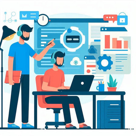 Man working on laptop in office. Flat style vector illustration. Businessman working on computer.のイラスト素材