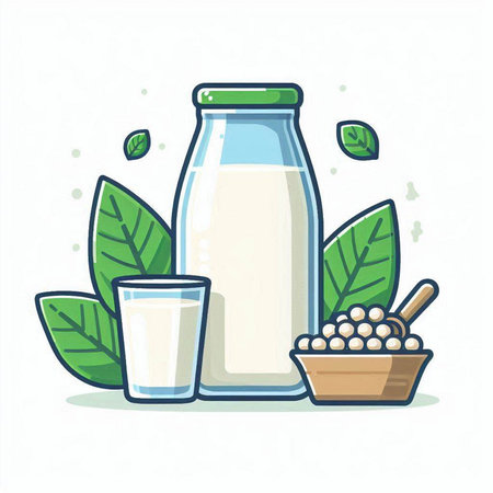 Illustration of a bottle of milk and a bowl of beans.のイラスト素材
