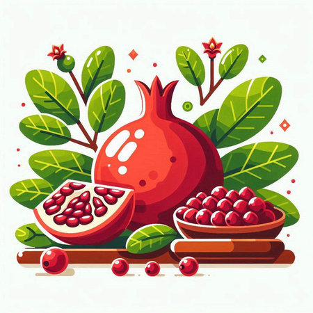 Pomegranate fruit with leaves and seeds. Vector illustration.のイラスト素材