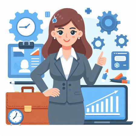 Businesswoman showing thumbs up with laptop. Vector illustration in flat styleのイラスト素材