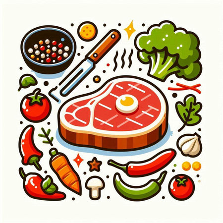 Steak, vegetables and spices. Vector illustration in cartoon style.のイラスト素材