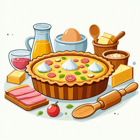 Illustration of a pie with different ingredients on a white background.のイラスト素材