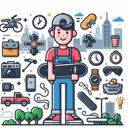 Vector line art illustration of hipster man with skateboard, set of icons on city backgroundのイラスト素材