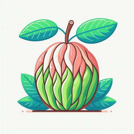 Illustration of a watermelon with leaves on a white background.のイラスト素材