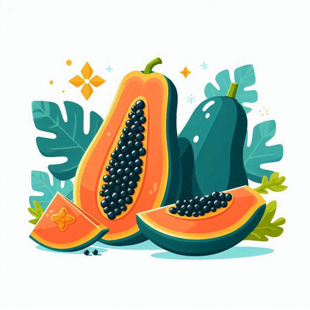 Papaya vector illustration. Fresh papaya fruit with leaves and flowers.のイラスト素材