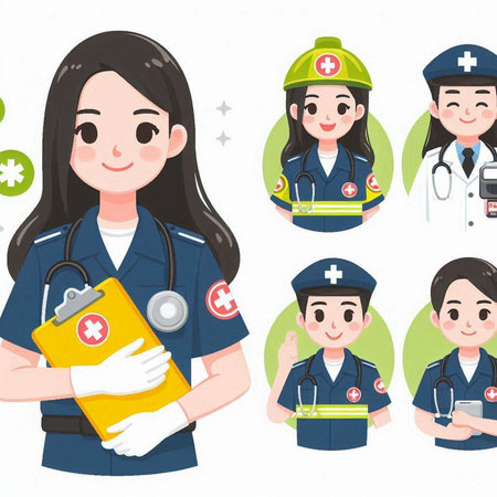 Set of various poses of a female doctor and nurse, vector illustrationのイラスト素材