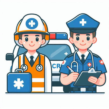 Doctor and paramedic in uniform writing on clipboard. Vector illustration.のイラスト素材