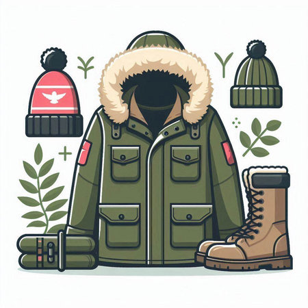 Winter clothes for cold weather. Vector illustration in flat cartoon style.のイラスト素材