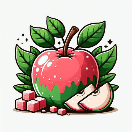 Illustration of a red apple with green leaves and sugar cubes.のイラスト素材