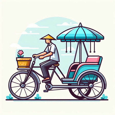 Rickshaw with basket of flowers. Vector illustration in flat styleのイラスト素材