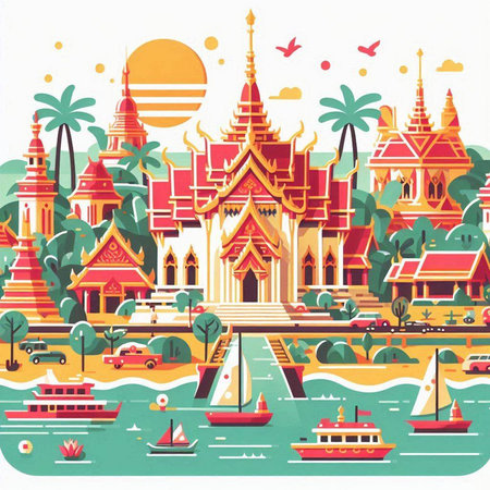 Thailand travel vector illustration. Landmarks in flat cartoon style.のイラスト素材