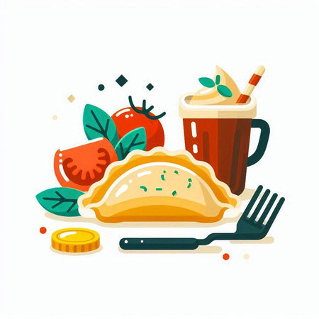 Vector illustration of food and drink in flat style. Pie, cup of coffee, fork and knife.のイラスト素材