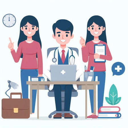 Vector illustration of a doctor and a female patient at the desk.のイラスト素材