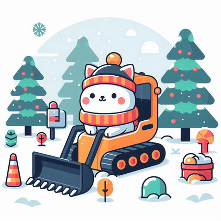 Cute cat in winter clothes with snowplow. Vector illustration.のイラスト素材