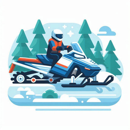Snowmobile in the forest. Snowmobiling. Flat style vector illustration.のイラスト素材
