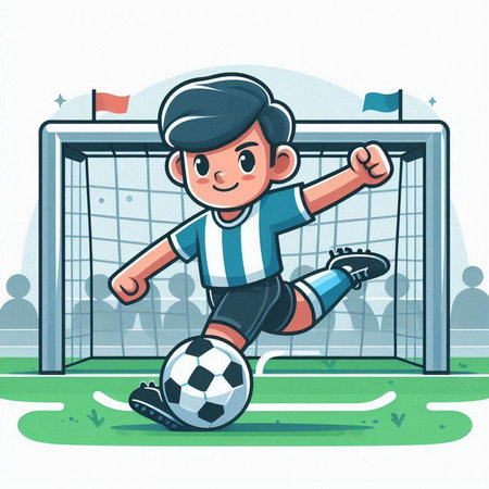 Cartoon soccer player kicking the ball at the goal. Vector illustration.のイラスト素材