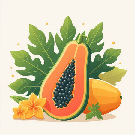 Papaya fruit with leaves and flower. Vector illustration in cartoon style.のイラスト素材