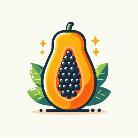 Papaya fruit with leaves. Vector illustration in flat style.のイラスト素材