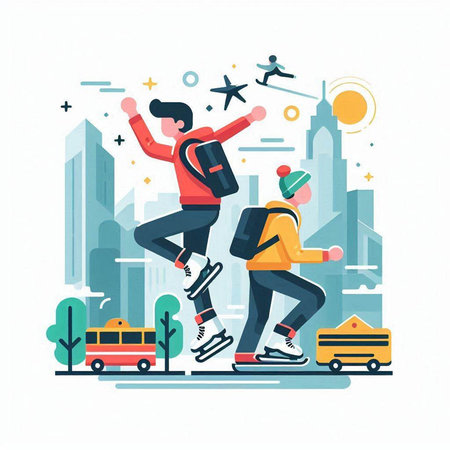 People on roller skates in the city. Vector illustration in flat styleのイラスト素材
