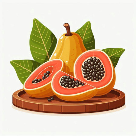 Papaya fruit with leaves on wooden board. Vector illustration.のイラスト素材