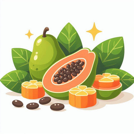 Papaya fruits with leaves. Vector illustration isolated on white background.のイラスト素材