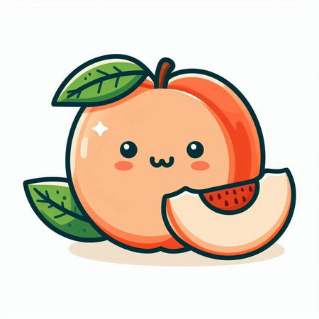 Cute peach fruit character. Vector cartoon flat illustration. Isolated on white backgroundのイラスト素材