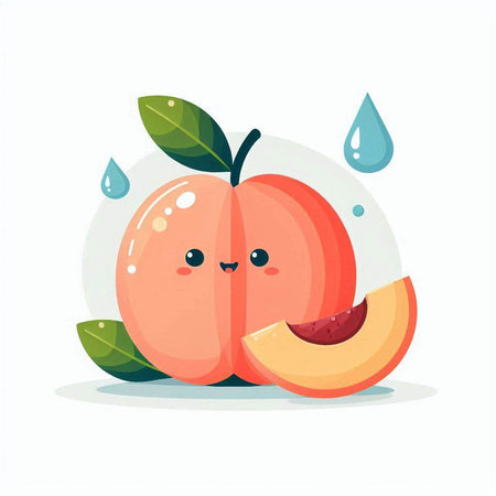 Cute cartoon peach fruit character with water drops. Vector illustration.のイラスト素材