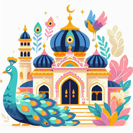 Colorful vector illustration of a mosque with a peacock on a white backgroundのイラスト素材