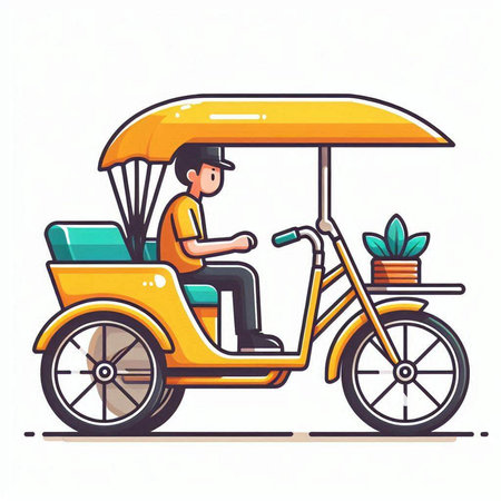 Tuk tuk. Vector illustration of a man riding a tricycle.のイラスト素材