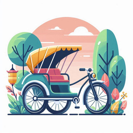 Rickshaw in the park. Vector illustration in flat style.のイラスト素材