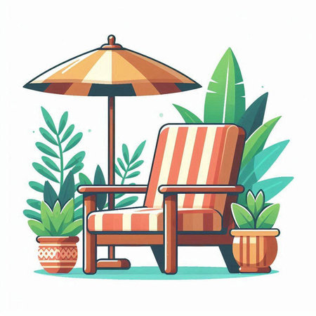 Wooden deck chair with umbrella and potted plants. Vector illustrationのイラスト素材