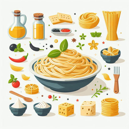 Spaghetti. Pasta in bowl with ingredients. Vector illustration.のイラスト素材