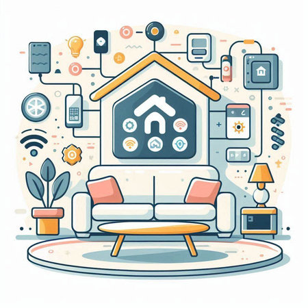 Modern flat design vector illustration concept of living room with furniture and internet of things icons.のイラスト素材