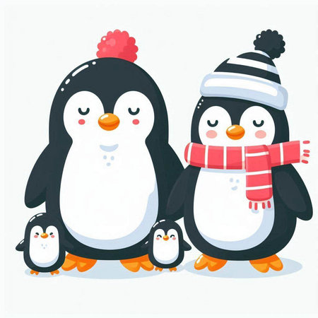 Penguin family in winter hat and scarf. Vector illustration.のイラスト素材