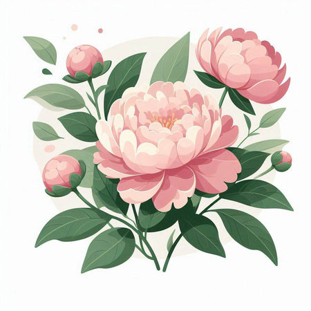 Beautiful pink peony flowers with green leaves. Vector illustration.のイラスト素材
