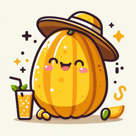 Cute cartoon pumpkin character with a glass of juice. Vector illustration.のイラスト素材