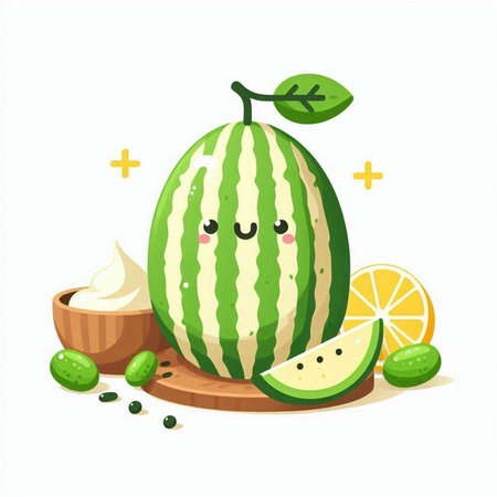 Cute cartoon watermelon character with cream, lime and mint. Vector illustrationのイラスト素材
