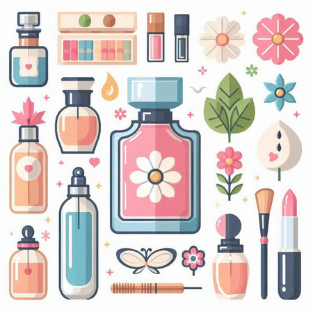 Cosmetics and perfumes icons set. Vector illustration in flat styleのイラスト素材