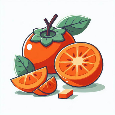 Ripe persimmon with slices and leaves on a white backgroundのイラスト素材