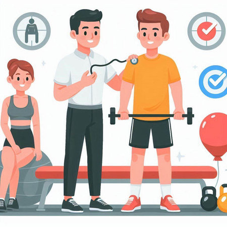 Man and woman exercising with dumbbells in fitness club. Vector illustrationのイラスト素材