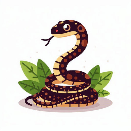 Cute cartoon snake on white background. Vector illustration in flat style.のイラスト素材
