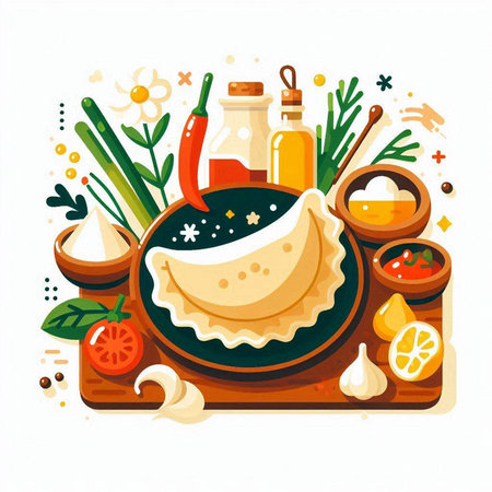 Vector illustration of dumplings with vegetables, herbs and spices.のイラスト素材